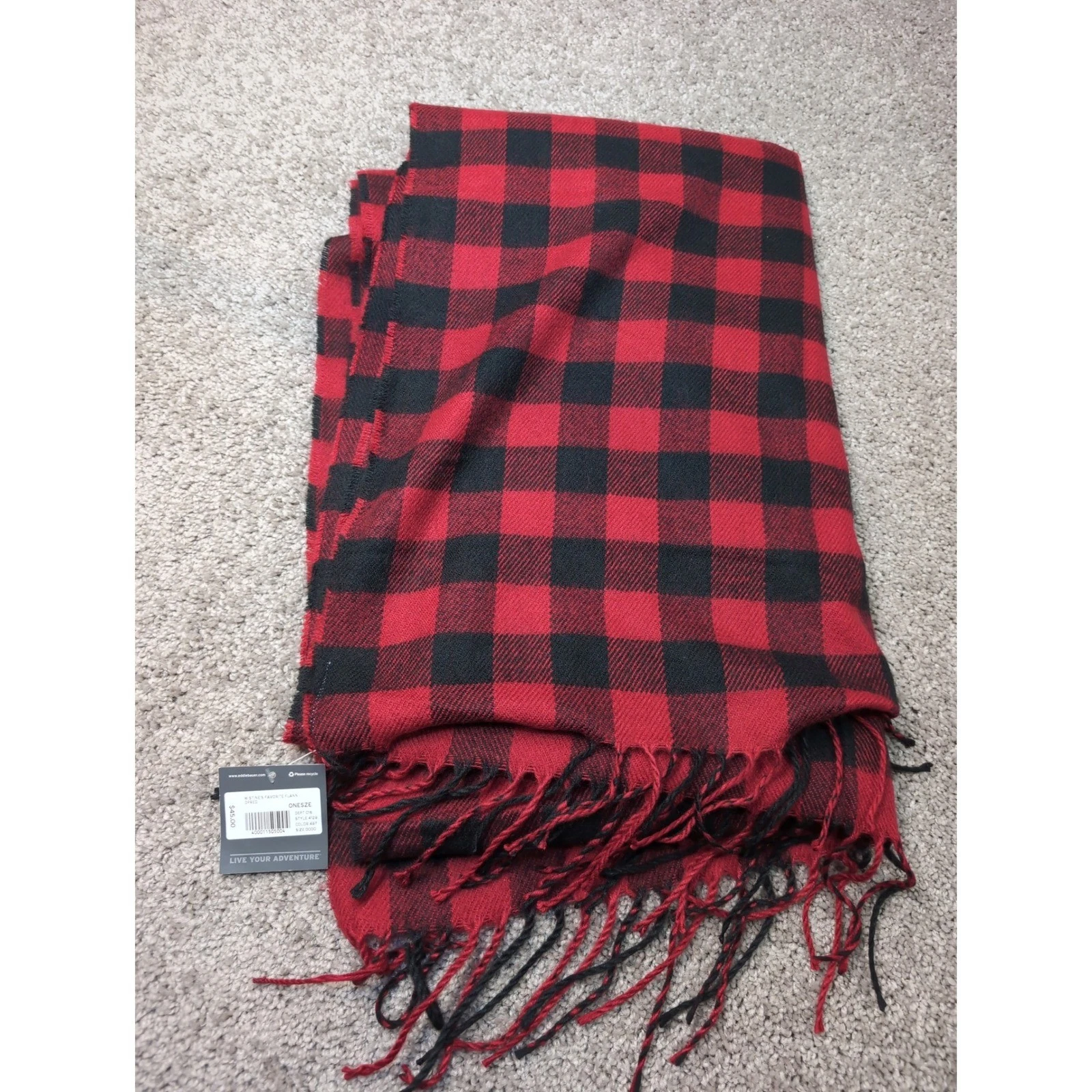 Eddie Bauer Womens Buffalo Plaid Scarf Red Black Acrylic Fringe One Size