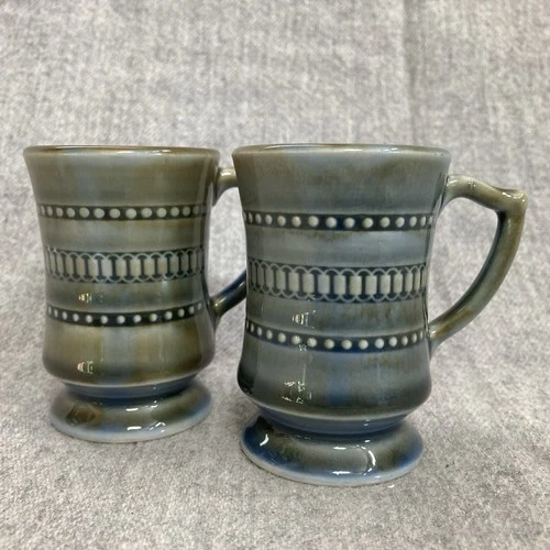 Vintage Pair of Wade Irish Porcelain Green Blue Espresso Coffee Mugs Tankards