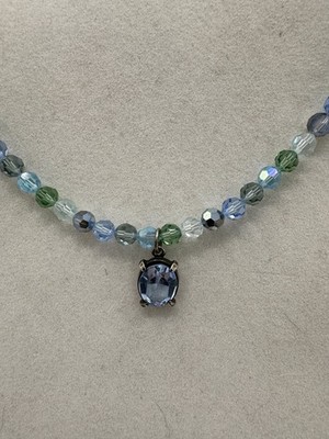 Vintage Blue Green Faceted Glass Bead Necklace Oval Crystal Drop 16 