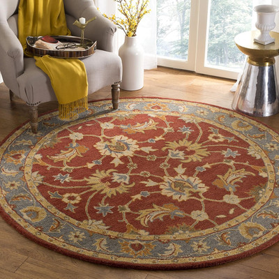 Handmade 6' Round Red & Blue Oriental Wool Area Rug for High Traffic Areas