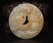 Certified Natural Hetian Jade Hand-carved Chi Dragon Jade Bi Pendant 4868