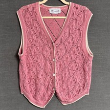 Vintage Jantzen Sweater Vest M Pink Pointelle Knit Sleeveless Cardigan Tank 90s