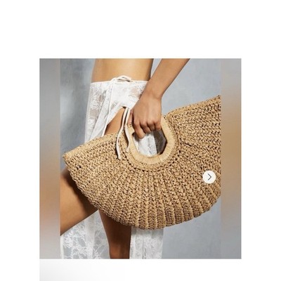 Ramla Bohemian Tan Hobo Straw Bag Half moon Round Women Handbags Half moon