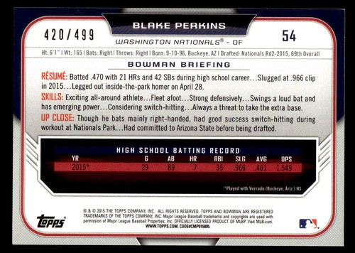 2015 Bowman Draft Argent #54 Blake Perkins Washington Nationals #/499 - Photo 2/2