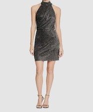 Halston Women's Black Metallic-Knit Asymmetric Tied Mock Neck Dress Size 10