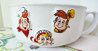 Kellogg Rice Krispies 1999 Cereal Bowl w/ Handle Snap Crackle Pop Embossed Dish