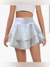 Girls Holographic Silver Dance Skirt Size 130 Approx 7/8 Shiny Layered Skort