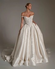 White Strapless Neck Satin Wedding Dresses Sleeveless Lace-Up Back Bridal Gown