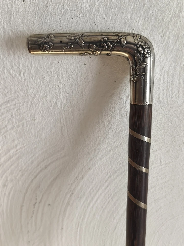Ancienne Cannes Pommeau Argent Massif Art Nouveau Fleur 87 cm - Photo 3/4