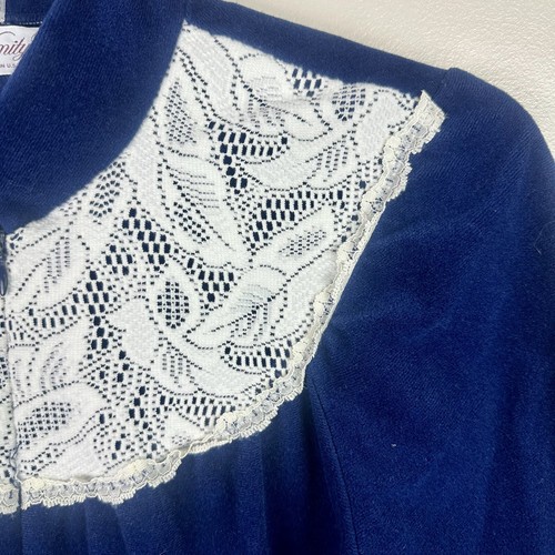 Vintage 60s Vanity Fair Lounge Dress Robe Blue Velour Velvet Lace USA Size S - Picture 4 of 8