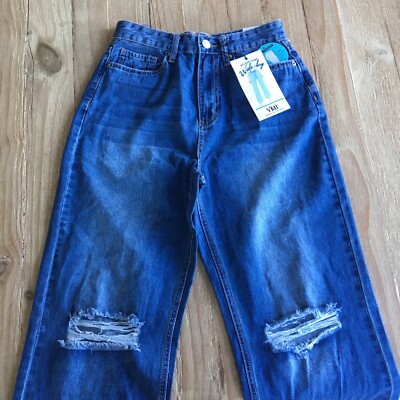 YMI Dream Jeans Wide Leg 90 s Full Length NEW Hi Rise Raw Distressed Sz 7 27x32