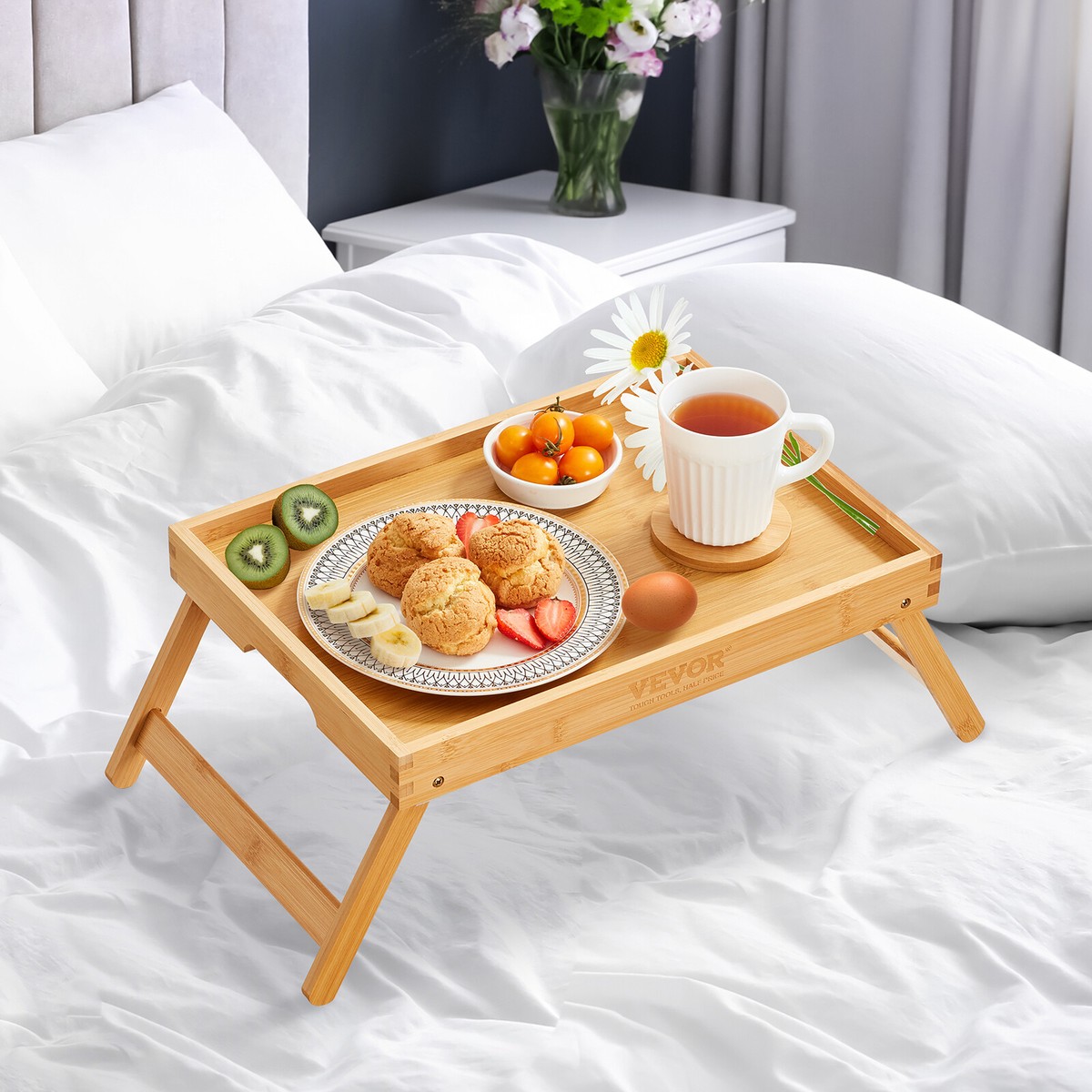 Plateau De Lit En Bois - Petit Déjeuner Au Lit, Pieds Pliants, 50x30x22 Cm