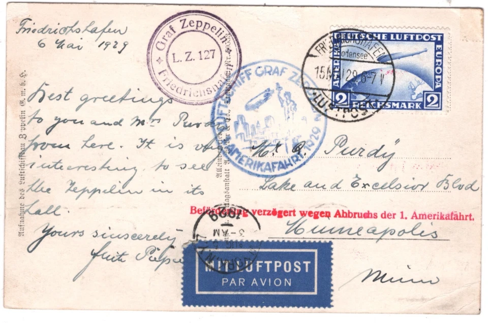 GERMANY Postcard GRAF ZEPPELIN 2m Blue Air Mail *1.AMERIKAFAHRT* 1929 USA KZ156 - Image 3 of 4