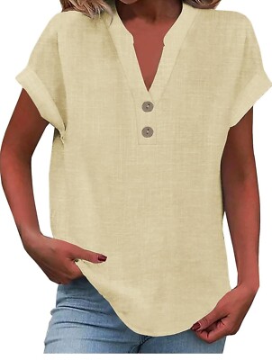 Women's Fashion Casual Solid Colour V-Neck Short Sleeve Button Down Shirt 3XL