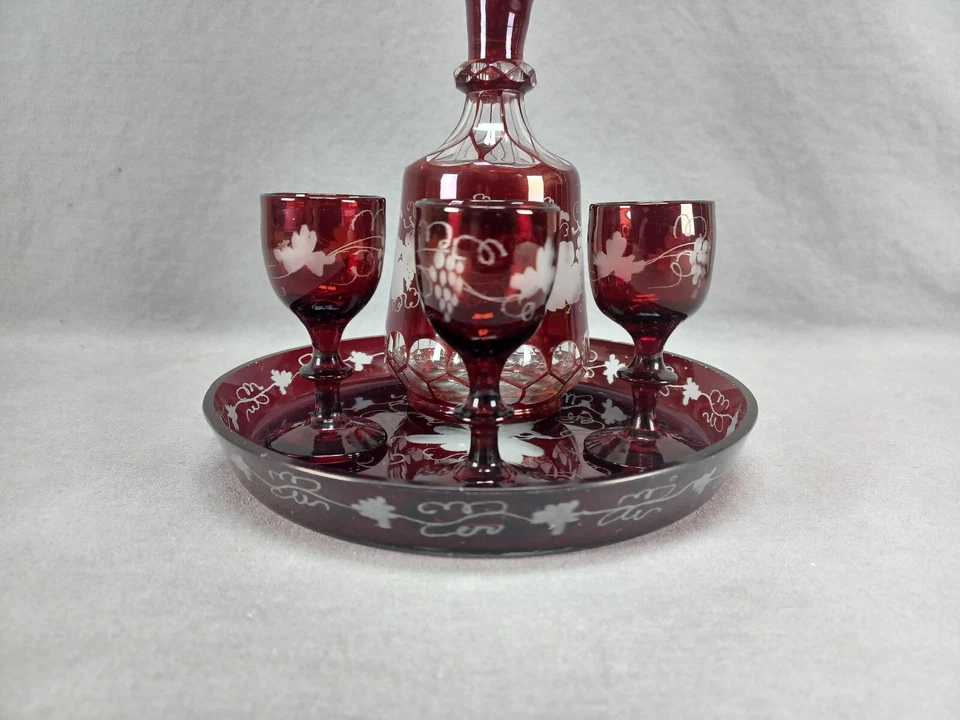 Bohemian Ruby Stained Engraved Grapevine & Honeycomb Cut Liquor Set C.1870-1880s - Image 4 of 4