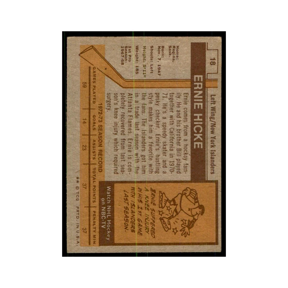 Ernie Hicke 1973 Topps #18 Hockey Cards Hockey Card EX - Image 2 of 3