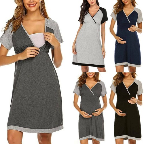 Pregnant Womens Maternity Pajamas Nightdress Nursing Breastfeeding Midi Dress