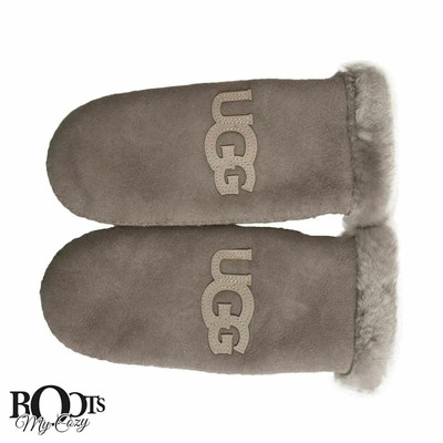 UGG AUSTRALIA LOGO SUEDE STORMY GREY SHEARLING WOMEN'S MITTENS SIZE L/XL NEW