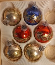 Lot Of 6 Vtg Kmart German Glass Xmas Ornaments Glitter Stencil Leaves 2 Inches
