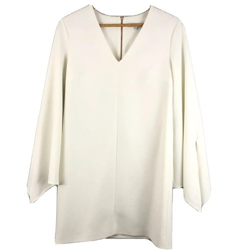 Tibi Shift Mini Dress Size 6 White Crepe Long Bell Sleeves V Neck