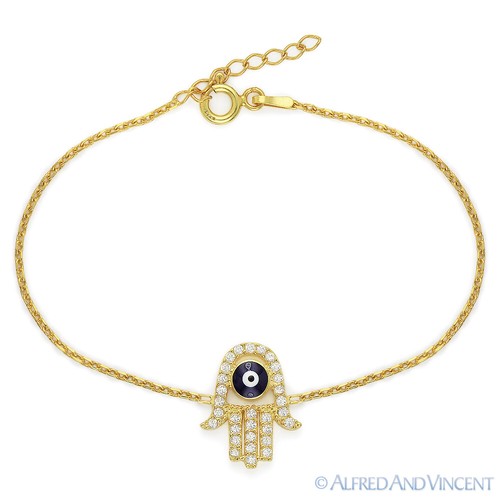 Hamsa Hand of Fatima Judaica Kabbalah Evil Eye Charm CZ Sterling Silver Bracelet - Picture 5 of 5