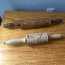 Two 2 Vintage Antique Wood Rolling Pins w/Imprints