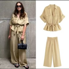 Zara Linen Blend Safari Shirt and Wide Leg Trousers Size L CAMEL Co Ord SET
