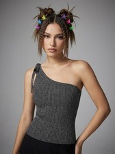 Vintage George Black Metallic Shimmer One Shoulder Ribbed Knit Top – Size 12