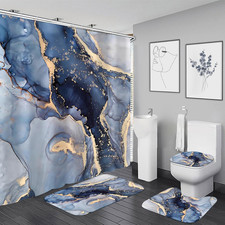 4 Pcs Blue Marble Shower Curtain Set Gold Bathroom Sets with Rugs  Modern Abstr