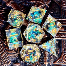 DnD Dice Set - 7 Piece Resin Polyhedral Dice, Transparent with Gold Numbers, Per