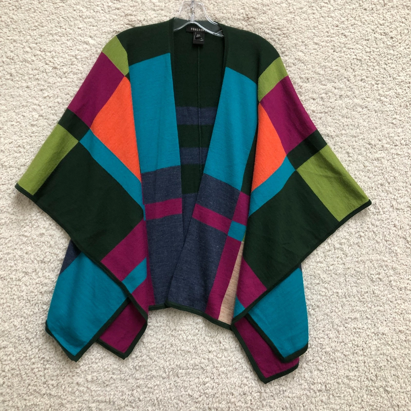 Foxcroft Poncho One Sized Adult Blue Wool Ruana Wrap Colorblock Sweater Womens