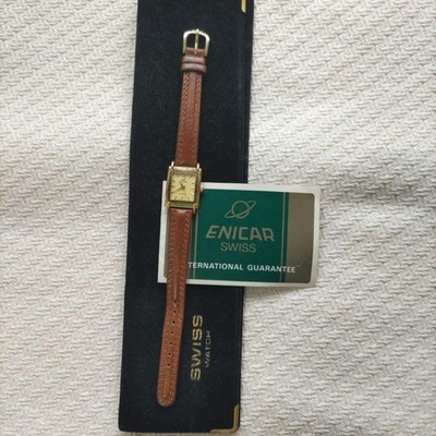 ENICAR Quartz Wristwatch Brown Leather Gold Tone Case Analog Timepiece
