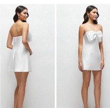 Alfred Sung White Satin Strapless Bow Pearl Accent Mini Dress Size 2R D866
