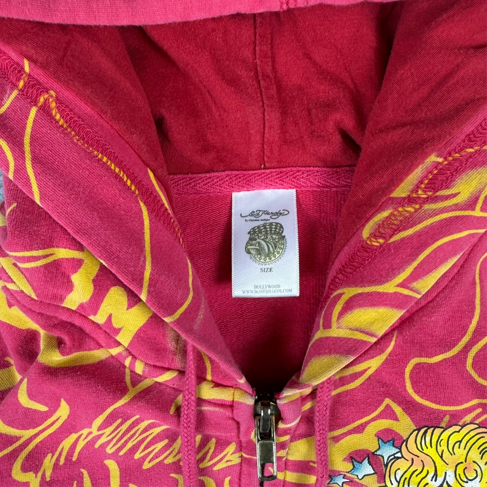 Women's VTG Ed Hardy 2000's Y2K Pink Cupid Flaming Tiger Small Full Zip Hoodie image 4