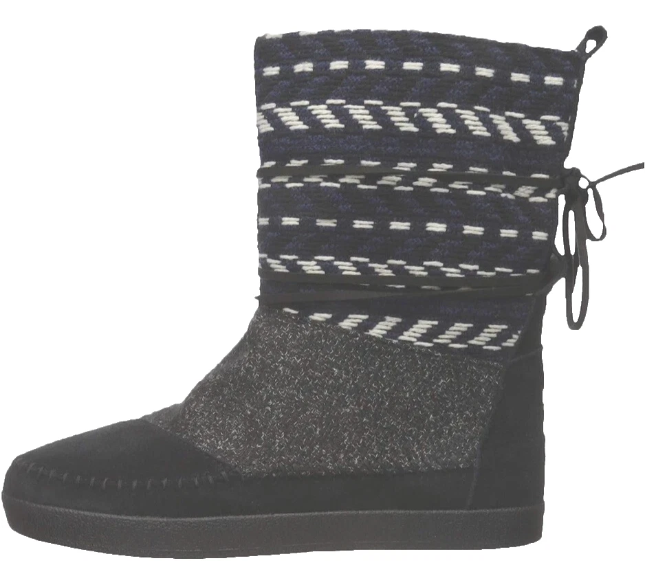 Bota de Moda TOMS Nepal para Mujer, Negra, Mezcla de Lana Blanca, Gamuza, Cuero Plana ~ 7.5 Foto 2 de 4