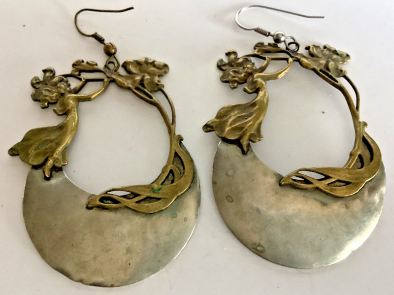 Vintage Antique Art Nouveau Earrings Figural Lady in Landscape Brass & Silver