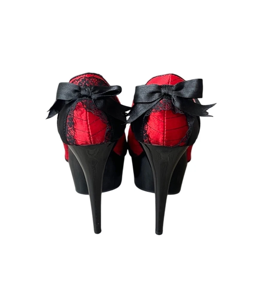 Pleaser Plataforma Alta Tacón Negro Talla 10 Mary Jane Rojo Encaje Lazo Brillante Tirantes Foto 3 de 4