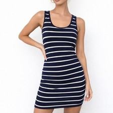 Heart Hips Tank Dress M Navy White Striped Bodycon Stretch Cotton Mini Coastal