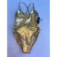 NWT Lauren Ralph Lauren Metallic Gold Plunge X-Back One-Piece Swimsuit Size 6