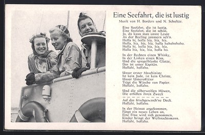 Postcard marching song A seafaring that's funny, three women on board a ship 