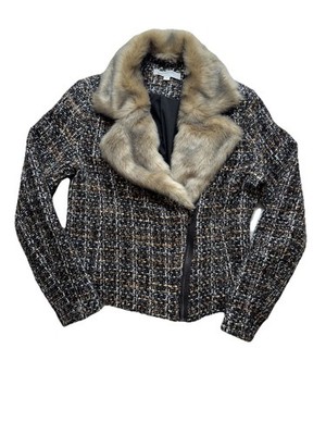 Women s Thakoon Collective Warm Black Faux Fur Wool Blend Motor Jacket #620