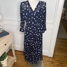 Cabi Navy Blue Floral Chiffon Maxi Dress 5575 Long Sleeve V-Neck Size 6
