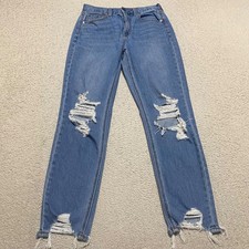 American Eagle Jeans Womens sz 2 Blue Denim Medium Wash Mom Distressed High Rise