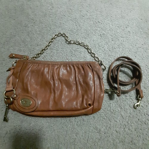 Fossil Baguette Leather Brown Shoulder Hand Bag + Cross Body Strap New Unused