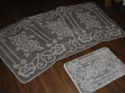 RÖMISCHE WASCHBARE ZIGEUNERMATTEN 4-TEILIGES SET BESTE QUALITÄT RUTSCHFEST SILBERGRAU GYPSY ROSE
