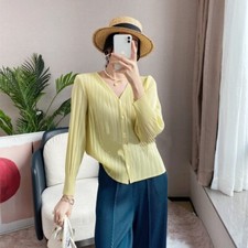 Pleats Please Issey Style Pleated Long Sleeve V Neck Blouse with Buttons