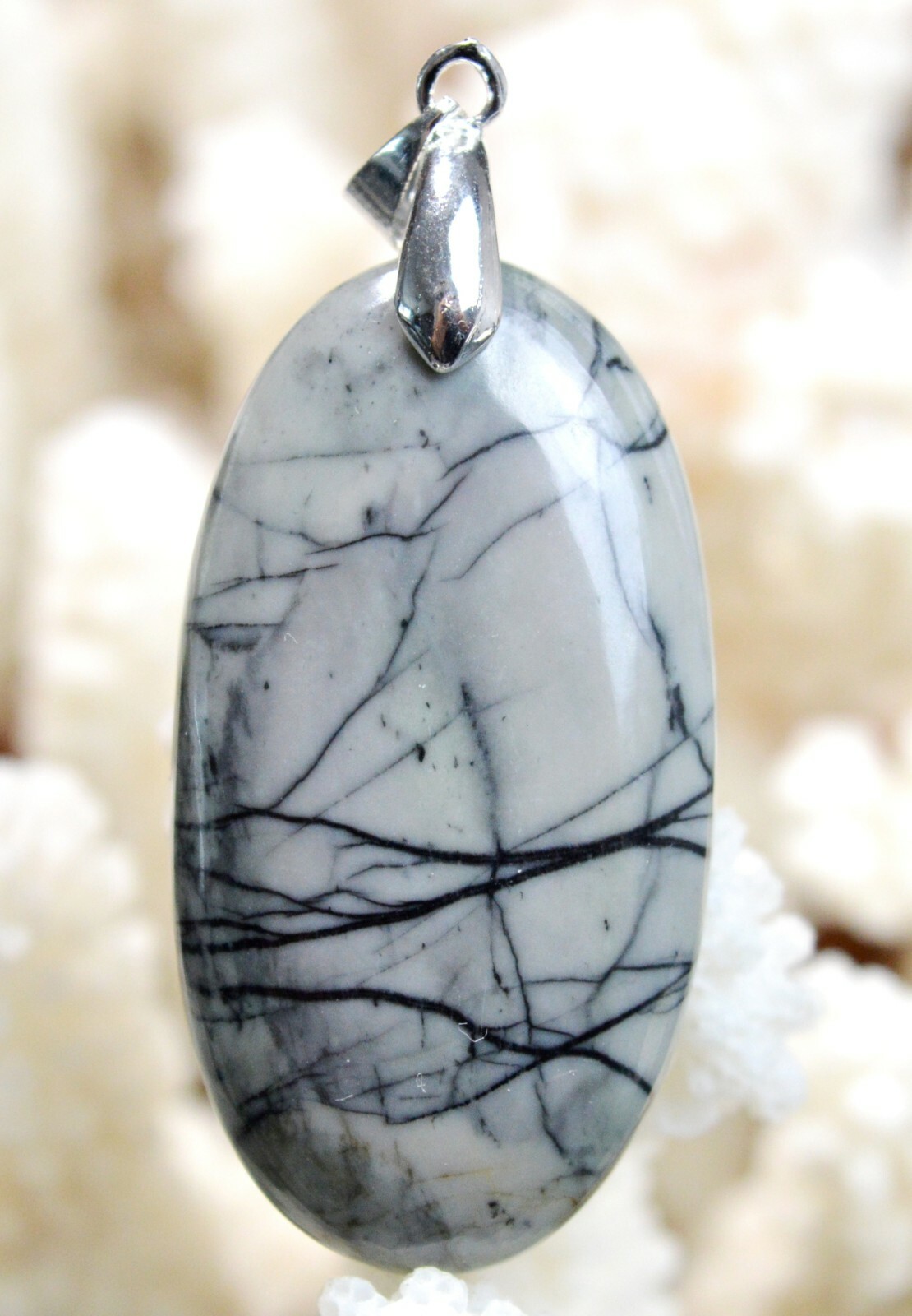 Jaspe Picasso 61 carats : pendentif cabochon en pierre naturelle USA gris et noir AH42