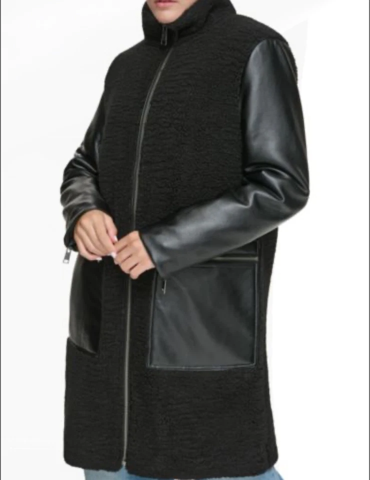 Abrigo Sherpa Andrew Marc Negro Mujer Imitación Cuero, Talla S, Acogedor Foto 2 de 4