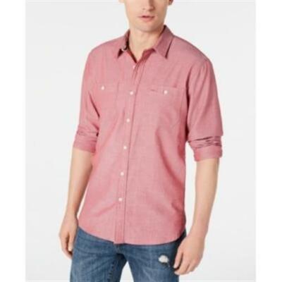 American Rag Mens Micro Herringbone Shirt Button Up Worn Red Large Dual Pocket