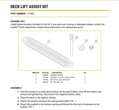 ma.mi HUSTLER 127403 KIT DECK LIFT ASSIST - Genuine Part